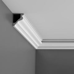 C200-Luxxus Plain Polyurethane Crown Molding, Primed White. Face: 3-3/8