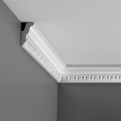 C212-Luxxus Decorative Polyurethane Crown Molding, Primed White. Face: 3-3/8