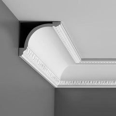 C216-Luxxus Decorative Polyurethane Crown Molding, Primed White. Face: 7