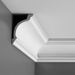 C217-Luxxus Plain Polyurethane Crown Molding, Primed White. Face: 7-3/8