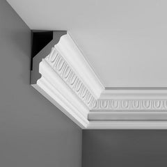 C302-Luxxus Decorative Polyurethane Crown Molding, Primed White. Face: 5-7/8