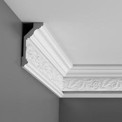 C303-Luxxus Decorative Polyurethane Crown Molding, Primed White. Face: 6-1/16