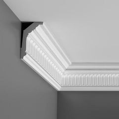 C304-Luxxus Decorative Polyurethane Crown Molding, Primed White. Face: 5-1/2