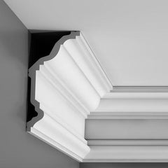 C332-Luxxus Plain Polyurethane Crown Molding, Primed White. Face: 10-1/8