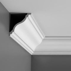 C333-Luxxus Plain Polyurethane Crown Molding, Primed White. Face: 6-11/16