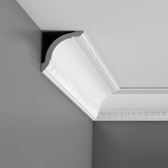 CX128 - Axxent Decorative Duropolymer Crown Molding, Primed White. Face: 5-1/4