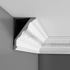 C219-Luxxus Decorative Polyurethane Crown Molding, Primed White. Face: 8-5/8