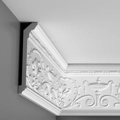 C308-Luxxus Decorative Polyurethane Crown Molding, Primed White. Face: 10-1/8