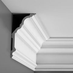 C340-Luxxus Plain Polyurethane Crown Molding, Primed White. Face: 12-3/16