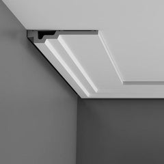 C353-Luxxus Plain Polyurethane Crown Molding, Primed White. Face: 1-3/16