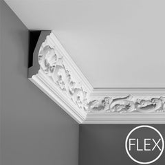 FC201 - Flexible Decorative Polyurethane Crown Molding, Flexible, Primed White. Face: 4-15/16