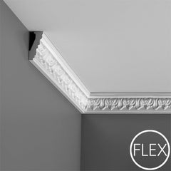 FC214 - Flexible Decorative Polyurethane Crown Molding, Flexible, Primed White. Face: 2-13/16