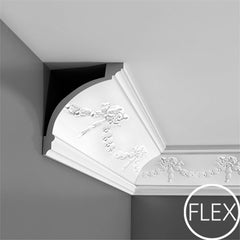 FC218-Flexible Decorative Polyurethane Crown Molding, Flexible, Primed White. Face: 7-13/16